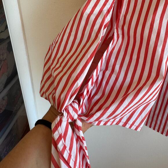 Universal Standard for J. Crew Top Striped Red White Zip Tie 3/4 Sleeve Sz L - Picture 4 of 8